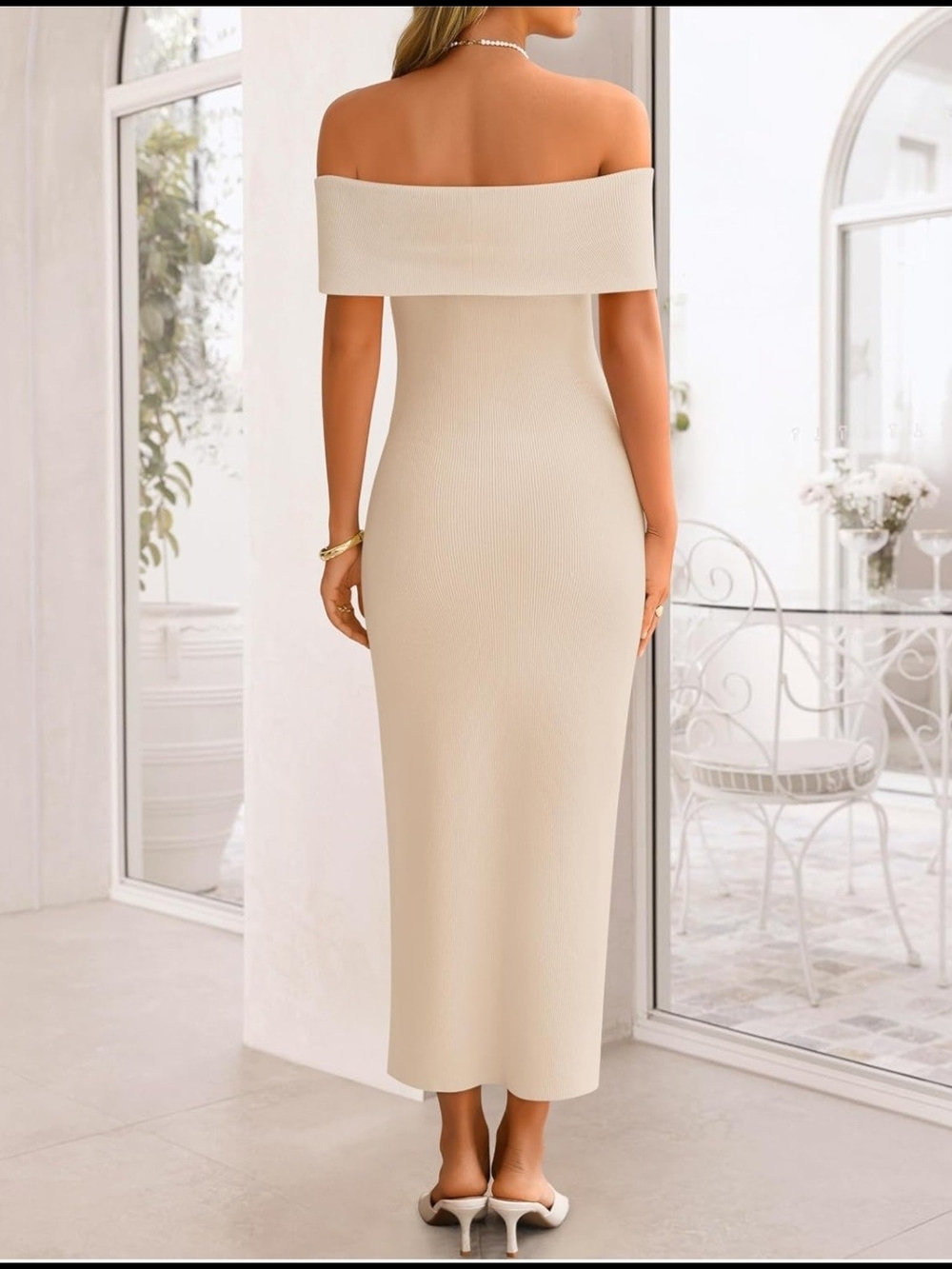 Elegant Off-Shoulder Cream Maxi Dress with Decorative Accent - Picture 2 of 5